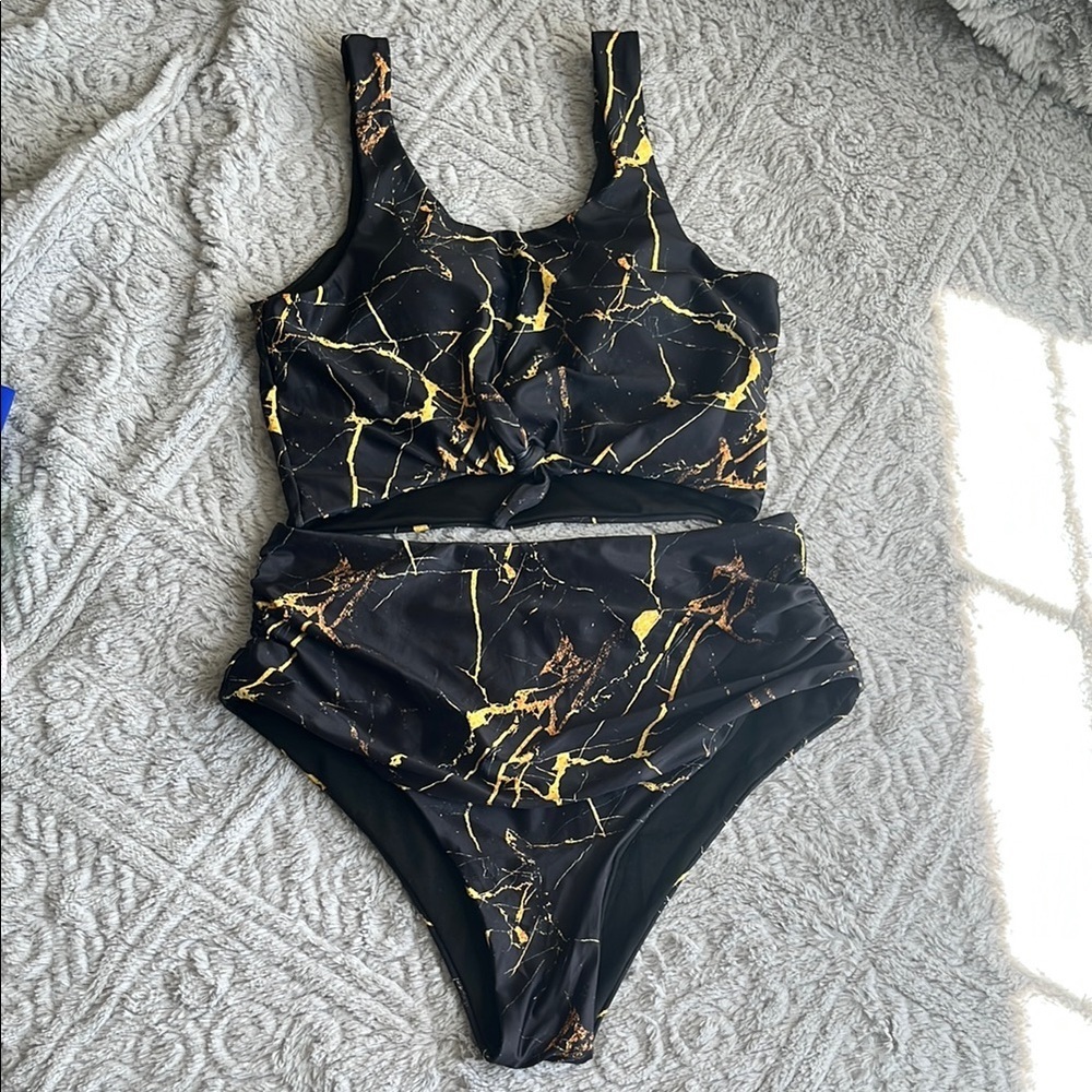 NWOT ZAFUL Black and Gold Marble Print Bikini Set high waist tummy control 6